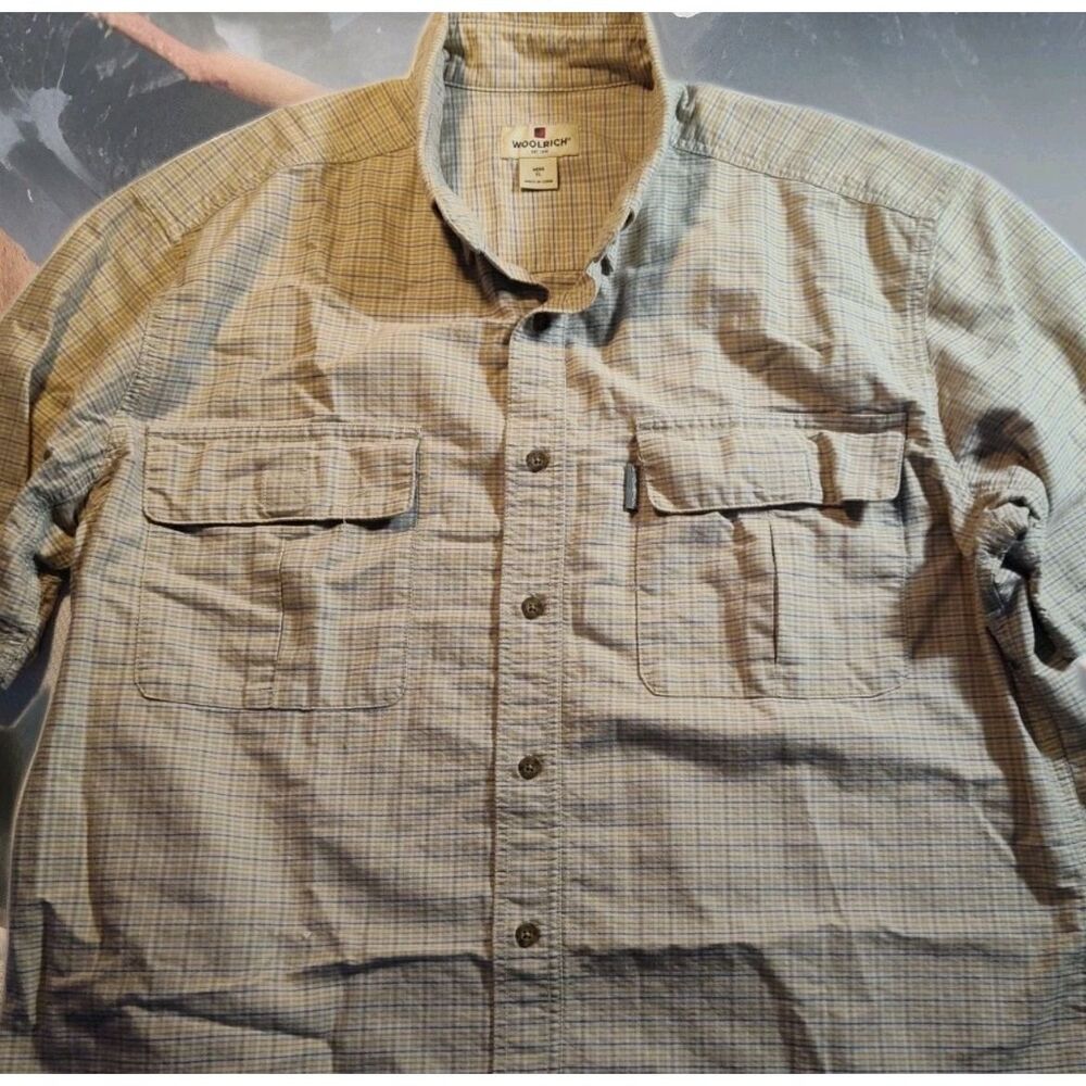 Woolrich Tan with Blue Accents Plaid Short Sleeve Button 2 Pockets Shirt XL 1528